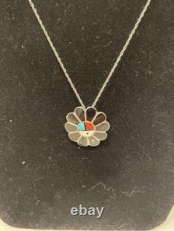 Vintage Zuni Sunface Pendant Pin Inlay Turquoise Coral Multicolor Necklace 18