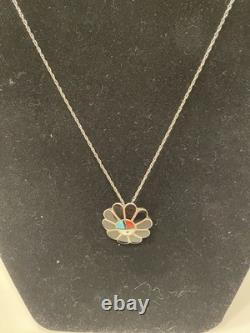 Vintage Zuni Sunface Pendant Pin Inlay Turquoise Coral Multicolor Necklace 18