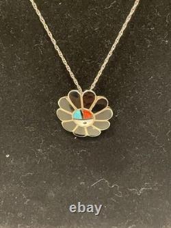 Vintage Zuni Sunface Pendant Pin Inlay Turquoise Coral Multicolor Necklace 18