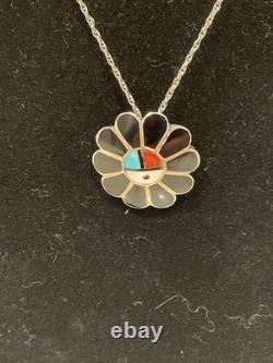Vintage Zuni Sunface Pendant Pin Inlay Turquoise Coral Multicolor Necklace 18