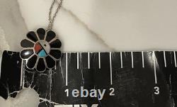 Vintage Zuni Sunface Pendant Pin Inlay Turquoise Coral Multicolor Necklace 18
