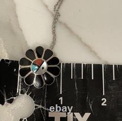 Vintage Zuni Sunface Pendant Pin Inlay Turquoise Coral Multicolor Necklace 18