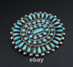 Vintage Zuni Turquoise Petit Point Brooch Sterling Silver Hand Signed 1.8 OS638