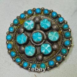Vintage Zuni Turquoise Petit Point Cluster Carved Pin Brooch Sterling Old Pawn