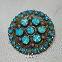 Vintage Zuni Turquoise Petit Point Cluster Carved Pin Brooch Sterling Old Pawn