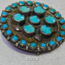 Vintage Zuni Turquoise Petit Point Cluster Carved Pin Brooch Sterling Old Pawn