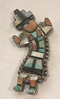 Vintage Zuni Turquoise Stone And Shell Silver Pin Attributed To Leo Poblano