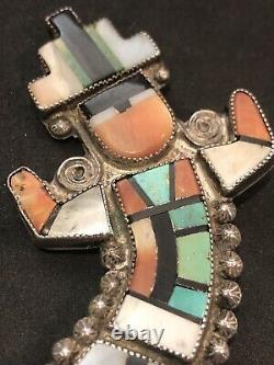 Vintage Zuni Turquoise Stone And Shell Silver Pin Attributed To Leo Poblano