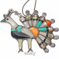 Vintage Zuni sterling silver inlaid peacock pendant/pin with necklace