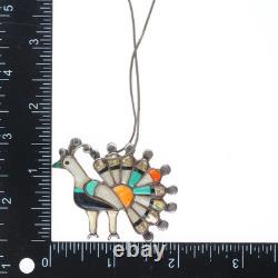 Vintage Zuni sterling silver inlaid peacock pendant/pin with necklace