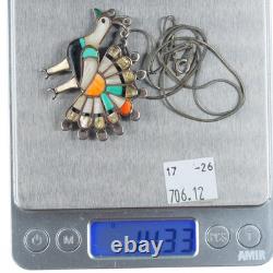 Vintage Zuni sterling silver inlaid peacock pendant/pin with necklace