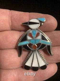 Vintage Zuni sterling silver multi colored stone inlay Thunderbird pin broach