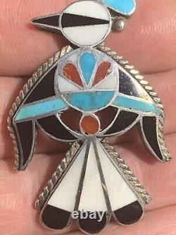 Vintage Zuni sterling silver multi colored stone inlay Thunderbird pin broach