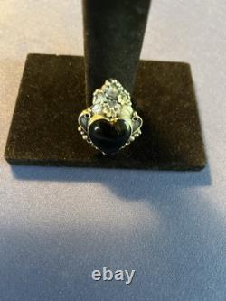 Vintage sterling silver Navajo Manygoats black onyx heart flowers pendant/pin