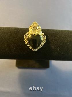 Vintage sterling silver Navajo Manygoats black onyx heart flowers pendant/pin