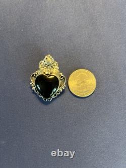 Vintage sterling silver Navajo Manygoats black onyx heart flowers pendant/pin