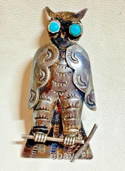 Vntg-1940s Native Am-Navajo-UITA Sterling Stamped Owl Pin-Turquoise Eyes