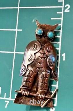 Vntg-1940s Native Am-Navajo-UITA Sterling Stamped Owl Pin-Turquoise Eyes