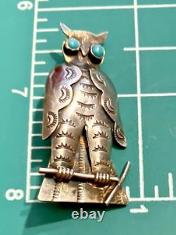 Vntg-1940s Native Am-Navajo-UITA Sterling Stamped Owl Pin-Turquoise Eyes