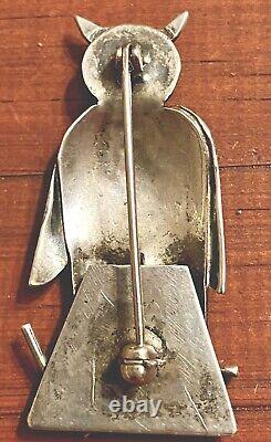 Vntg-1940s Native Am-Navajo-UITA Sterling Stamped Owl Pin-Turquoise Eyes