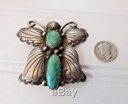 Vtg 70's NAVAJO Albert McCabe Sterling Silver Turquoise BUTTERFLY Pin BROOCH