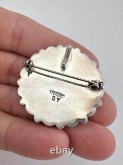 Vtg BY Navajo Sterling Silver Turquoise Round Cluster Pin Brooch Pendant 1.5