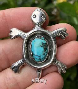 Vtg Clarence Lee Native American Sterling Silver & Turquoise Turtle Pin Brooch