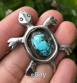 Vtg Clarence Lee Native American Sterling Silver & Turquoise Turtle Pin Brooch