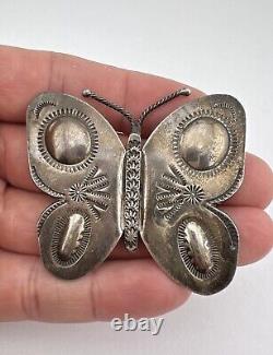 Vtg Fred Harvey Era Navajo Sterling Silver Stamped Butterfly Pin Pendant 2.25