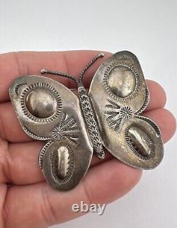 Vtg Fred Harvey Era Navajo Sterling Silver Stamped Butterfly Pin Pendant 2.25