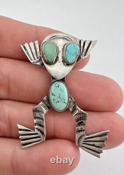 Vtg Fred Harvey Era Navajo Sterling Silver Turquoise Stamped Frog Brooch Pin