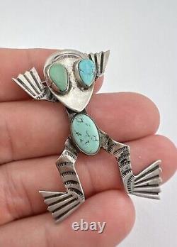 Vtg Fred Harvey Era Navajo Sterling Silver Turquoise Stamped Frog Brooch Pin