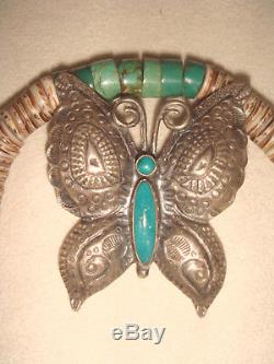 Vtg. Fred Harvey Era Old Pawn Navajo Sterling Silver & Turquoise Butterfly Pin