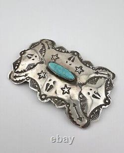 Vtg Fred Harvey Navajo Sterling Silver Turquoise Stamped Star Pin Brooch 2 5/8