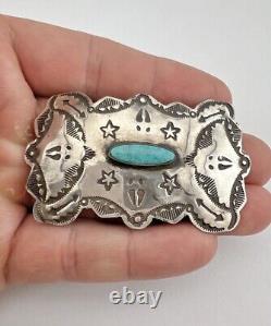 Vtg Fred Harvey Navajo Sterling Silver Turquoise Stamped Star Pin Brooch 2 5/8