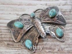 Vtg HARVEY ERA Navajo HAND TOOLED Sterling Silver TURQUOISE Large BUTTERFLY Pin