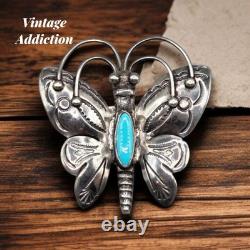 Vtg Handmade Sterling Silver Turquoise Butterfly Brooch Southwest Navajo Native