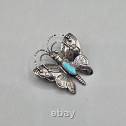 Vtg Handmade Sterling Silver Turquoise Butterfly Brooch Southwest Navajo Native