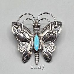 Vtg Handmade Sterling Silver Turquoise Butterfly Brooch Southwest Navajo Native