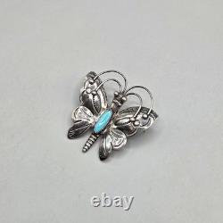 Vtg Handmade Sterling Silver Turquoise Butterfly Brooch Southwest Navajo Native