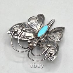 Vtg Handmade Sterling Silver Turquoise Butterfly Brooch Southwest Navajo Native