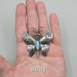 Vtg Handmade Sterling Silver Turquoise Butterfly Brooch Southwest Navajo Native