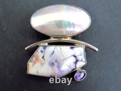 Vtg J. Yates 18G Sterling Silver Abalone Shell Native Handmade Brooch Pendant