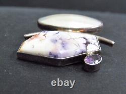 Vtg J. Yates 18G Sterling Silver Abalone Shell Native Handmade Brooch Pendant