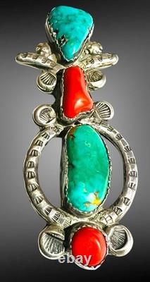 Vtg Large Native American Sterling Silver Turquoise Coral Wise Owl Brooch Signed