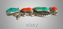 Vtg Large Native American Sterling Silver Turquoise Coral Wise Owl Brooch Signed