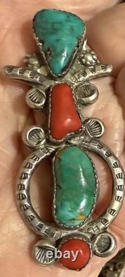 Vtg Large Native American Sterling Silver Turquoise Coral Wise Owl Brooch Signed