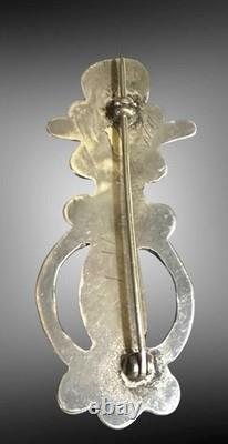 Vtg Large Native American Sterling Silver Turquoise Coral Wise Owl Brooch Signed