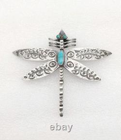 Vtg Large Navajo Sterling Silver Turquoise Dragonfly Pin Brooch Stamped 2½