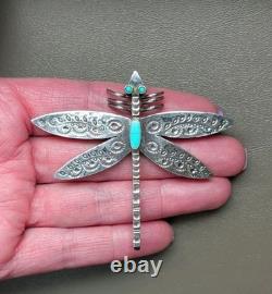 Vtg Large Navajo Sterling Silver Turquoise Dragonfly Pin Brooch Stamped 2½